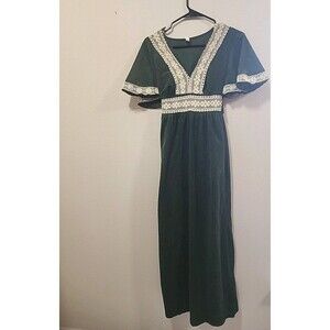 Vintage 70s Boho Green Floral Crocheted Maxi Dress Boho Cottage Whimsy Sz M